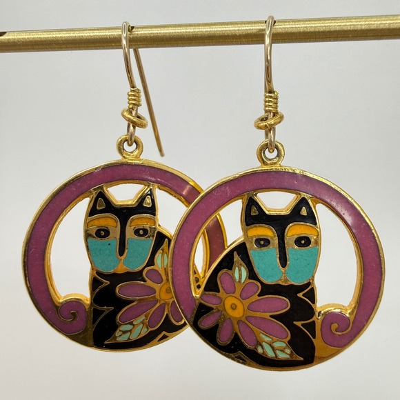 Laurel Burch Mark and Sally Earrings 1993 Enamel Cat Hoop Gold Tone Teal Flower - Picture 7 of 7